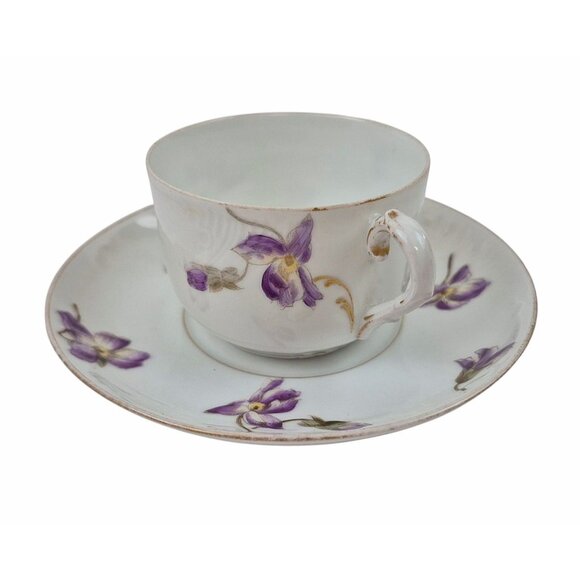Antique Haviland Limoges CFH GDM France Porcelain Cup Saucer Set Purple Floral D - Picture 1 of 10